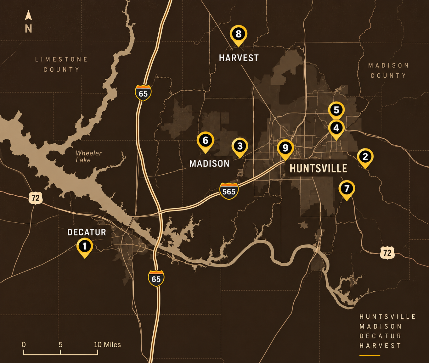 Map of Huntsville Dirtbags baseball venues in North Alabama